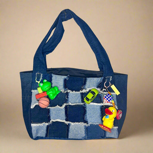Dark Denim Patchwork Tote with Charms