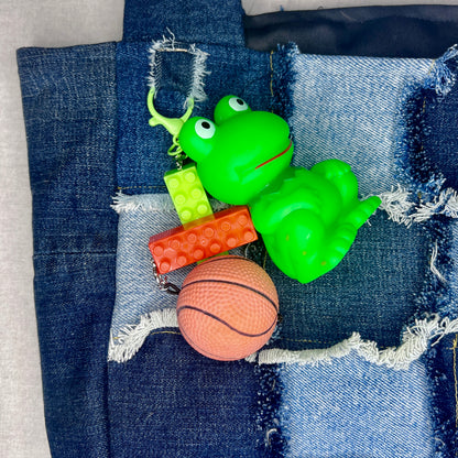 Dark Denim Patchwork Tote with Charms