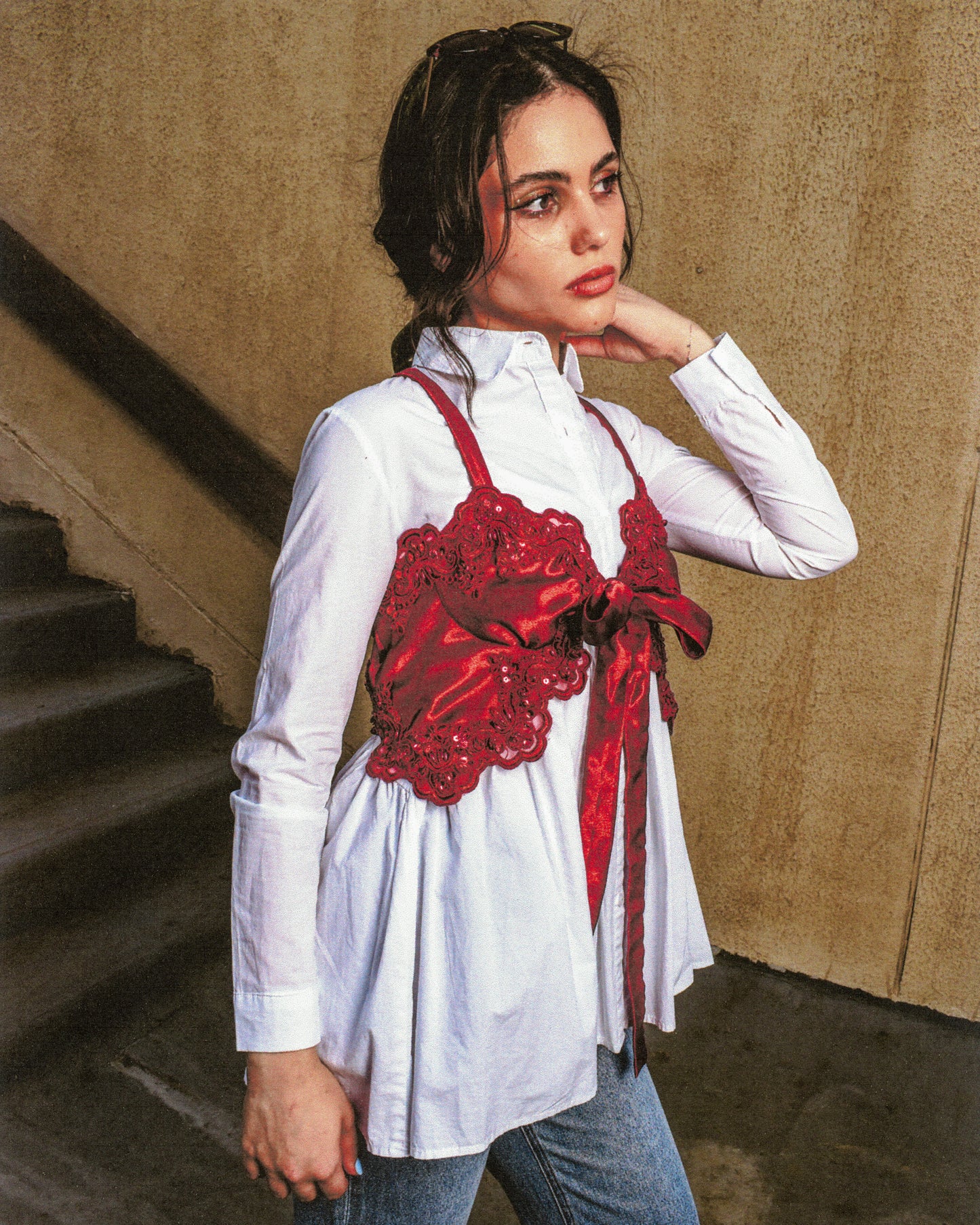 Red Satin Top with Lace